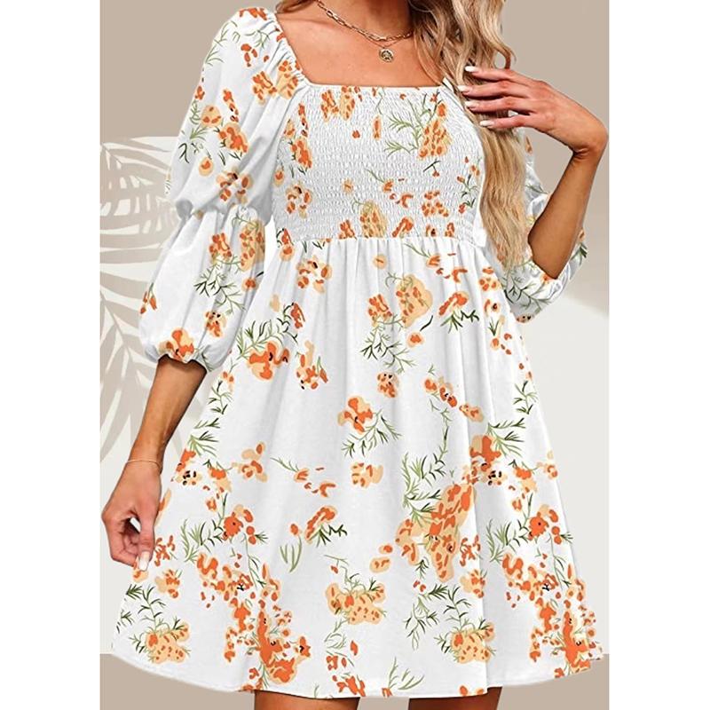 

Летнее платье-трапеция с рукавами-фонариками и короткими рукавами, женская мода, квадратный вырез, эластичная талия, пляжное платье, милые свободные короткие платья с цветочным принтом 26161 XXXL ультра