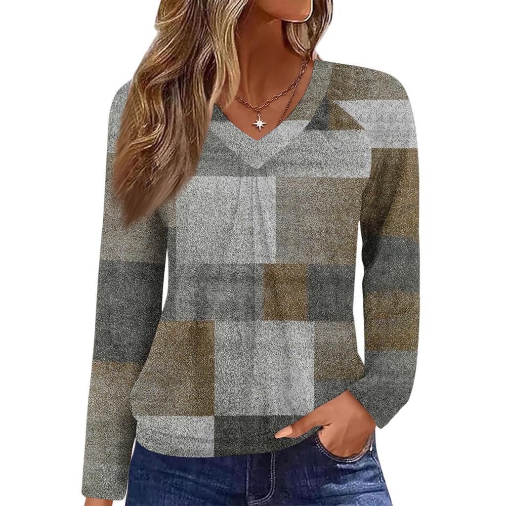 Women's Casual Fashion V-Neck Raglan Pleated Plaid Print Long Sleeve Top
