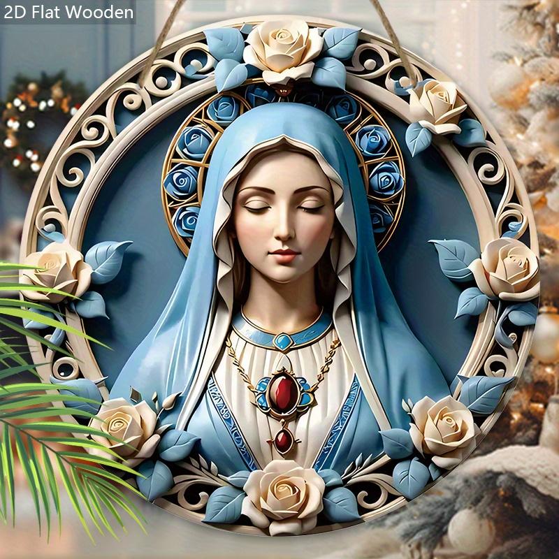 Elegant Wooden Sign with Our Lady Pattern, Unique Round Sign for Wall Front Door Hanging Decor, Ideal Festival Ornament