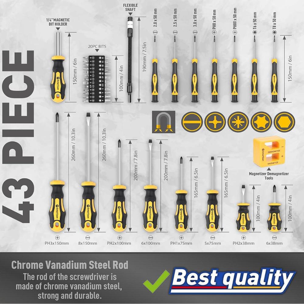 Magnetic Screwdriver 43-Pieces Set Phillips Slotted Torx Screwdriver Combination Set Portable Hand Tool with Case