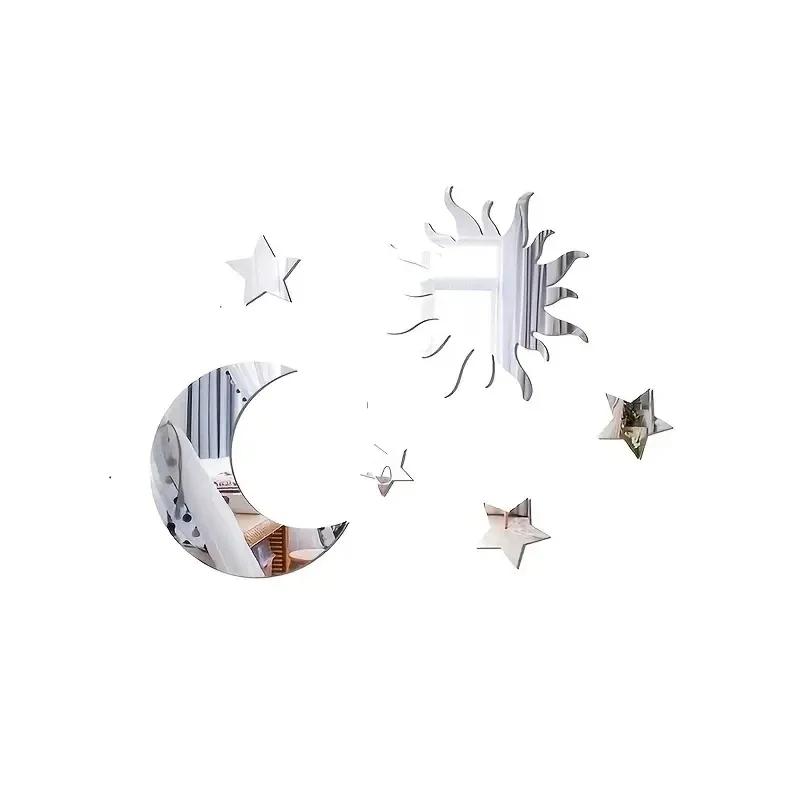 6Pcs Star & Moon Combination Mirror Wall Sticker - Ramadan Kareem Decor, Bedroom & Living Room Holiday Birthday Supplies