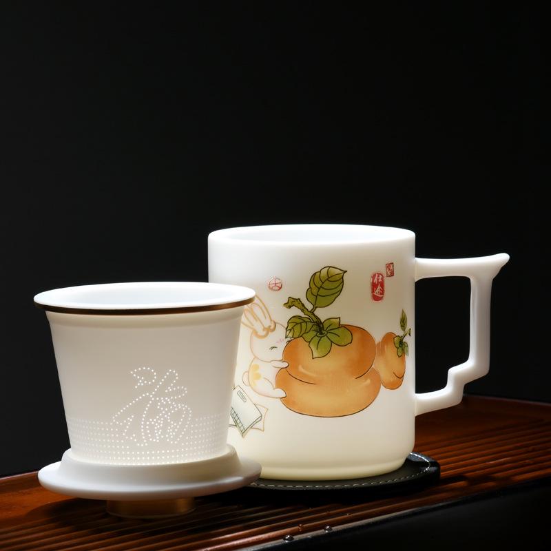 Handmade Mutton Fat Jade Porcelain Mug with Lid and Filter - Luxury Office Teacup