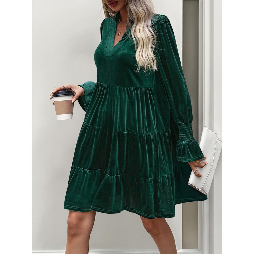 Women's Casual V Neck Long Sleeve Velvet Dress Fall Babydoll Dress Flowy Cocktail Wedding Party Shift Dresses