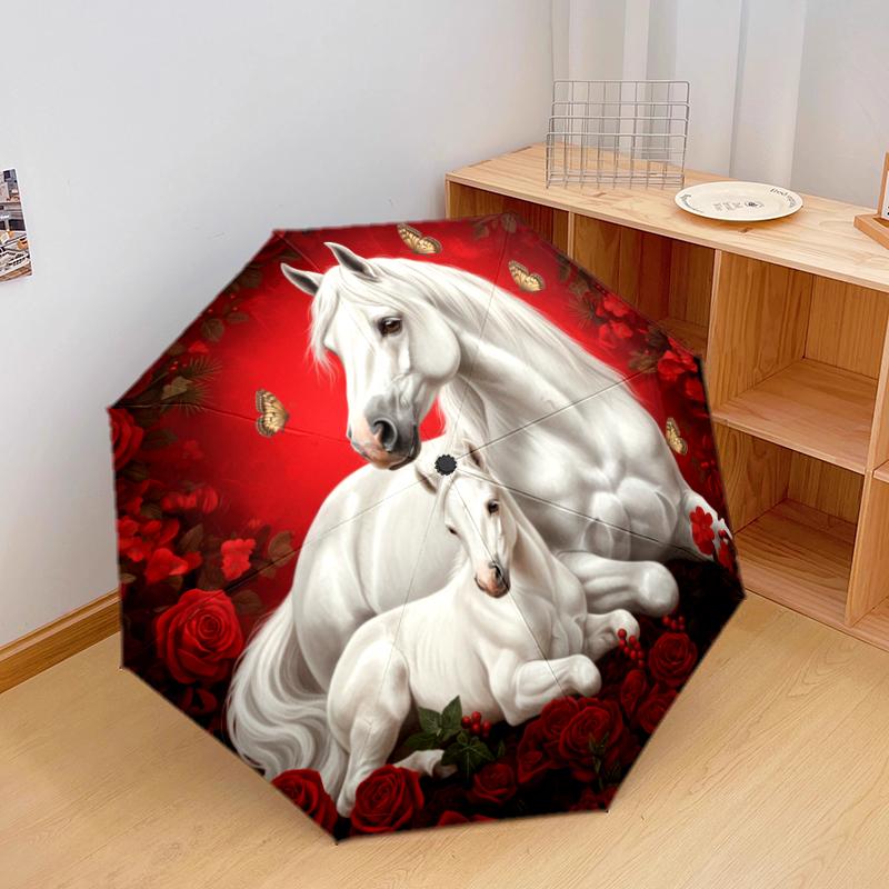 1 PC Automatic Folding Umbrella - Red Rose Horse Pattern, Portable & Foldable Design with 8 Ribs, Christmas Birthday Gifts