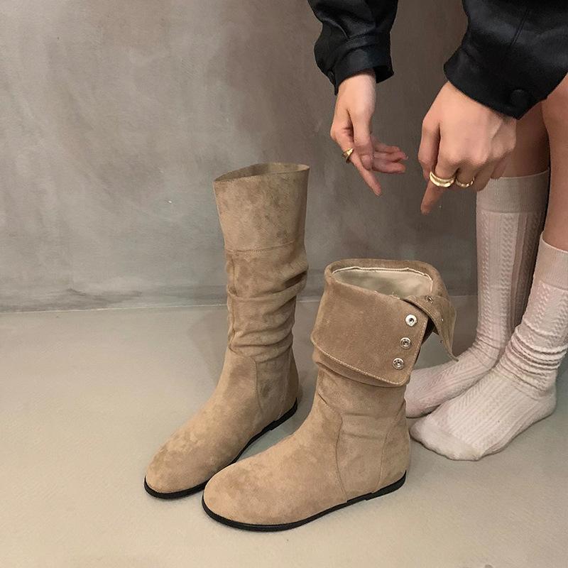 Knight boots but knee long tube thick heel black tall boots pointed suede pleated pile boots 35