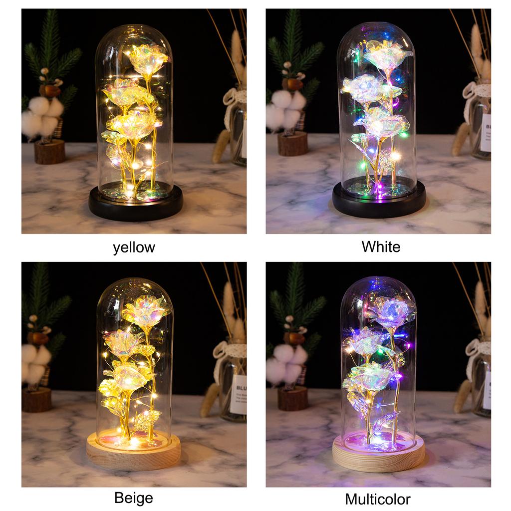 LED Rose Light Rose in Glass on Wooden Base Artificial Rose Flower Light Preserved Rose with LED Light
