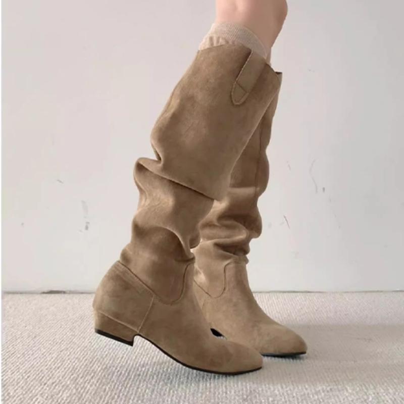 Long Boots Women Suede Heeled Shoes Designer Dress New Knee High Boots Woman 2025 Casual Goth Chelsea Botas Para Mujer