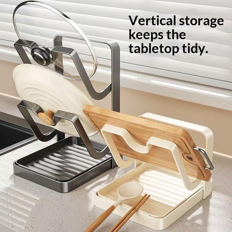 Étagère de rangement pour couvercles de casserole Organisateur de plan de travail de cuisine Organisateur de couvercles de casserole sur le comptoir Avec bac d'égouttement amovible Cuillère Cuisine Pour couvercles