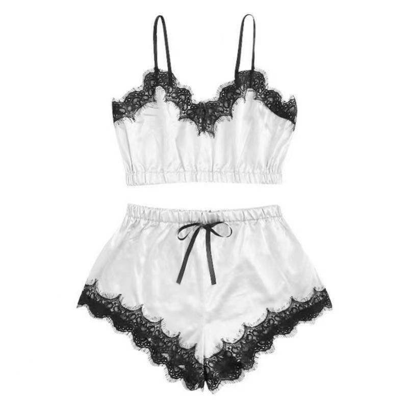 2025 Summer 2 Pcs Women's New Sexy Lace See-Through Pajamas Black Pink Cute Clothes Comfortable Breathable Suspender Shorts Set