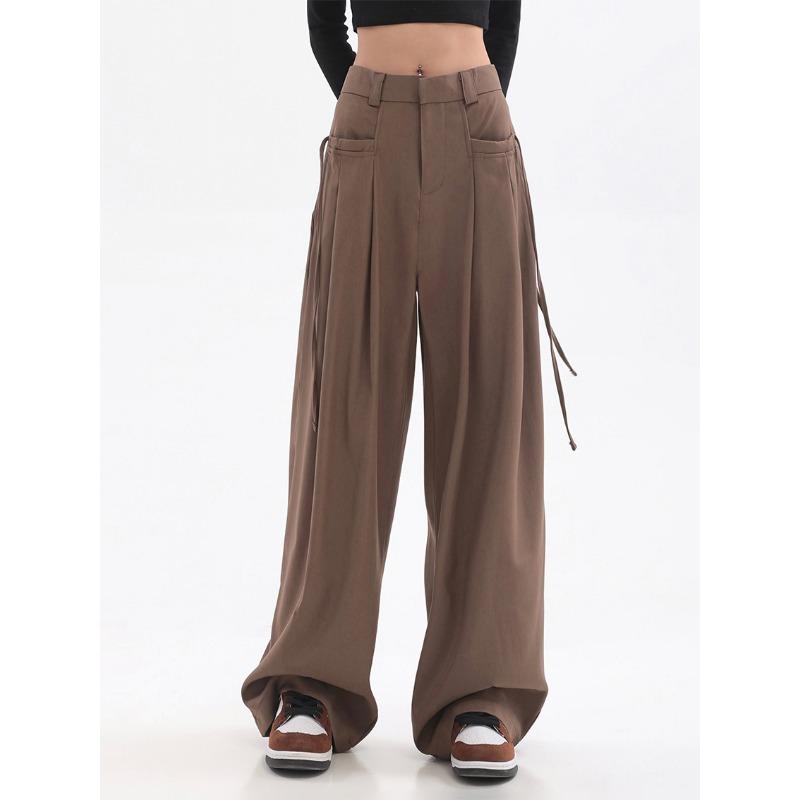 Hong Kong Style Retro Brown Wide Leg Suit Pants for Women In Spring and Autumn, Designed with A Sense of Maillard, with Straps and A Sense of Drape