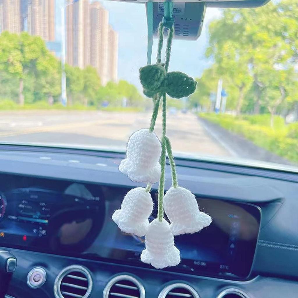 Cute Hand Knitted Bell Flower Car Accessories for Women, Car Mirror Hanging Accessories, Rear View Mirror Hanging Pendant