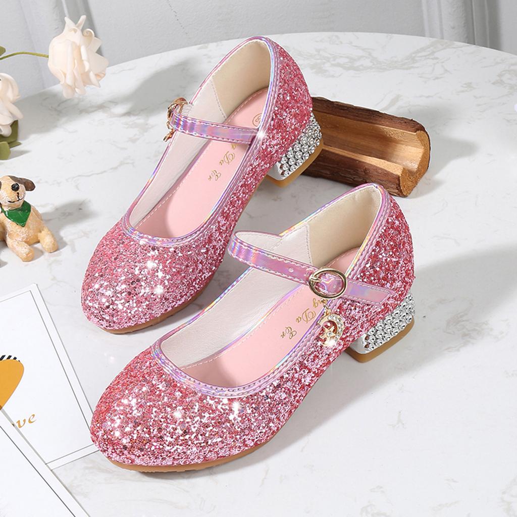 Girls Shoes Children High Heel Glitter Rhinestone Sandals Buckle Kids Princess Dance Shoe Student Performance Leather Shoes