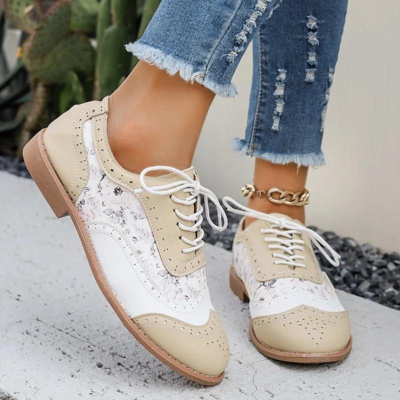Fashion Shoes Female Hot Sale Lace Up Women's Pumps Autumn Round Toe Mixed Colors Outdoor Casual Low Heel Large Size Office Ladies Shoes