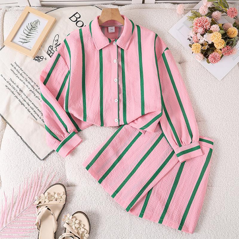 Girls' Striped Set: Spring/Fall Children's Long-Sleeve Collared Color-Block Shirt Dress and Pants Two-Piece Set