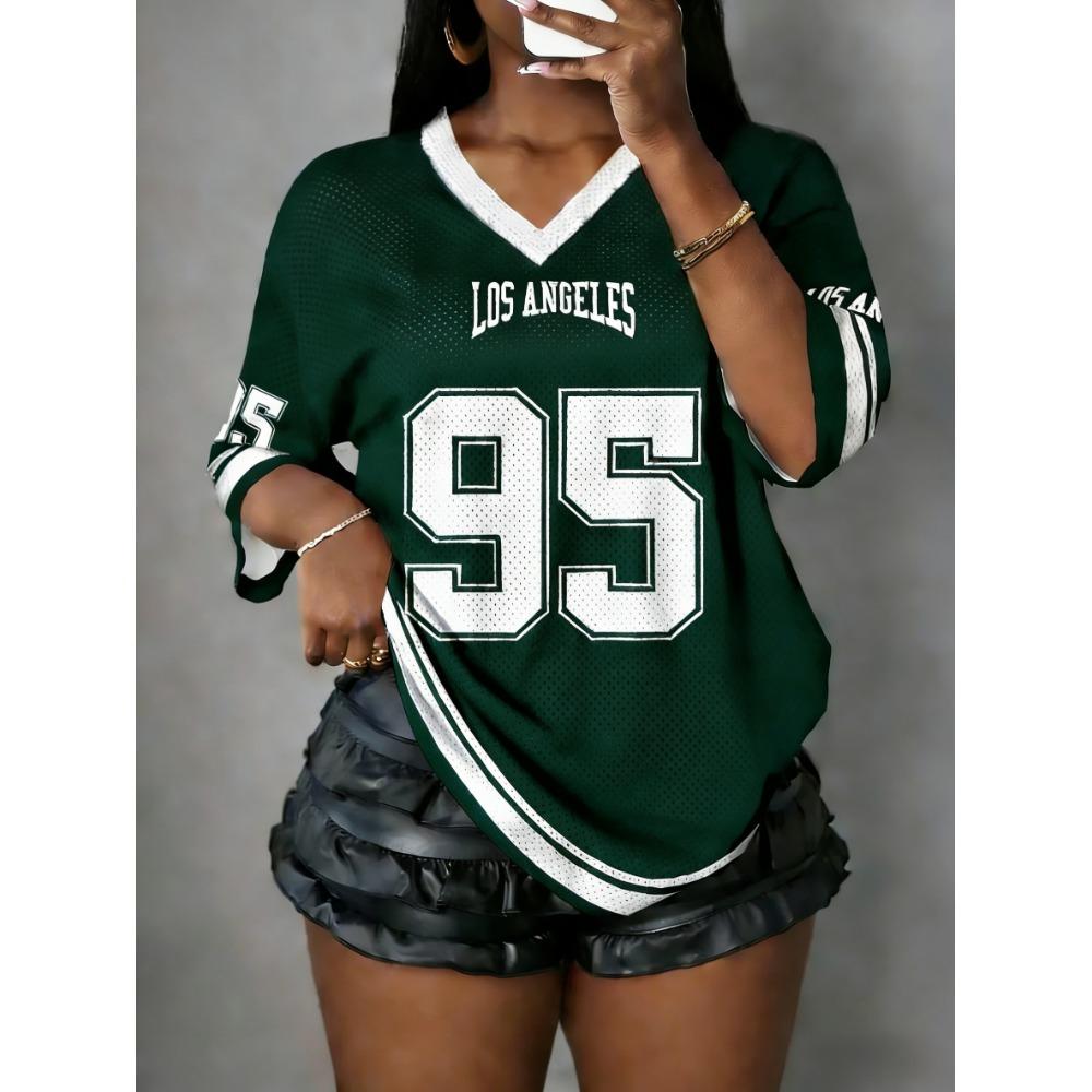 Women's Los Angeles NO.95 Print V-Neck Short Sleeve Hole Mesh T-Shirt Summer Tee Baseball Jerseys Sport T-Shirts