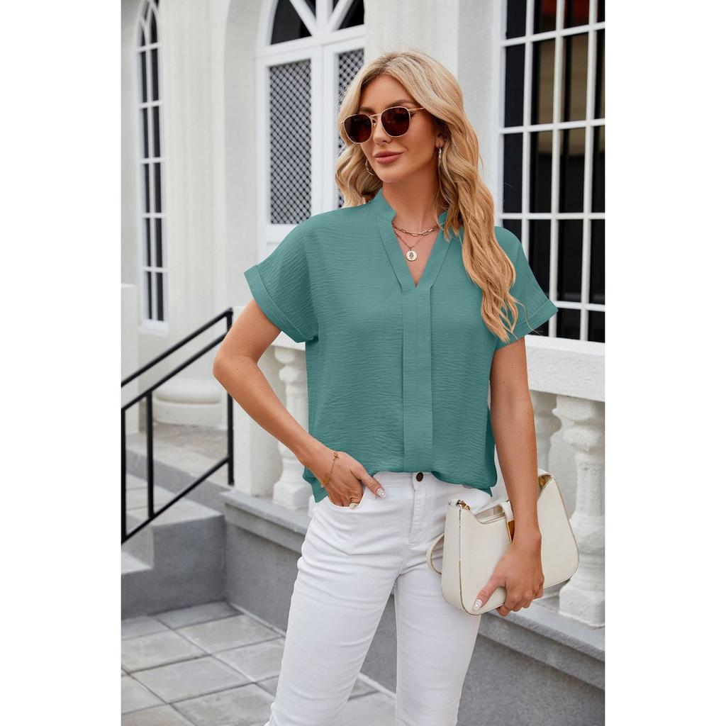 Spring Summer New Solid Color V-neck Short Sleeve Loose Casual Chiffon Blouse For Cross-border Women