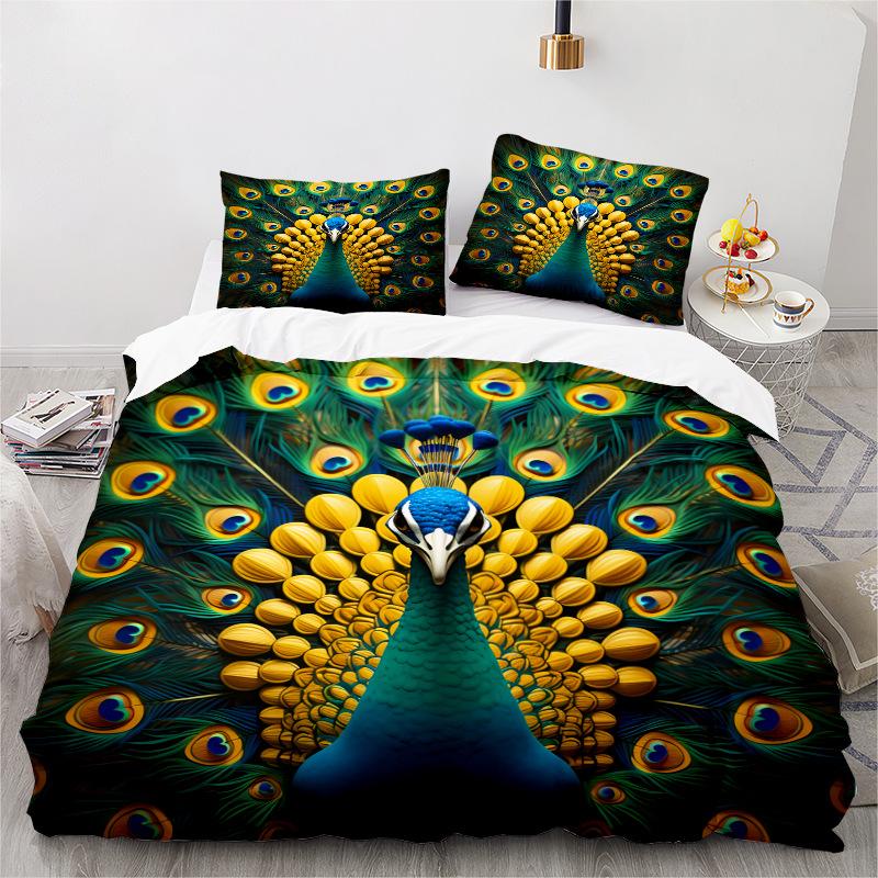 Peacock Series 3D Digital Printing Three-Piece Bedding Kit Bed Sheet Quilt Cover