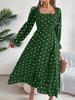 Women Casual European American Polka Dot Ruffled Square Neck Long Sleeve Flared Maxi Dress