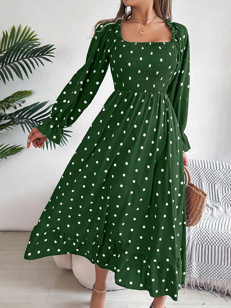 Women Casual European American Polka Dot Ruffled Square Neck Long Sleeve Flared Maxi Dress