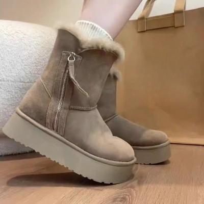 Winter Women's Mid-tube Cotton Boots Fashion Round Toe Side Zipper Platform Anti-slip Wear-resistant Flat Snow Boots Botas Mujer