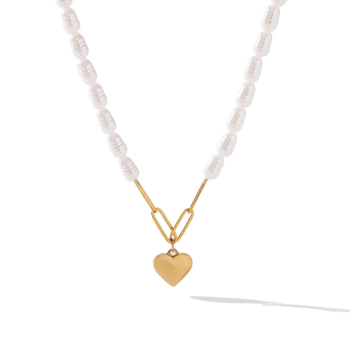 

French Court Style Stainless Steel Paperclip Chain Heart Pendant Pearl Necklace for Women Light Luxury Jewelry