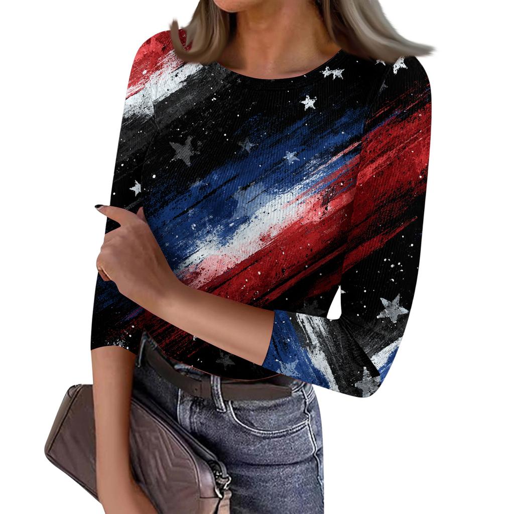 Women's Casual Fashion Round Neck Independence Day Print Three-Quarter Sleeve Ribbed Top
