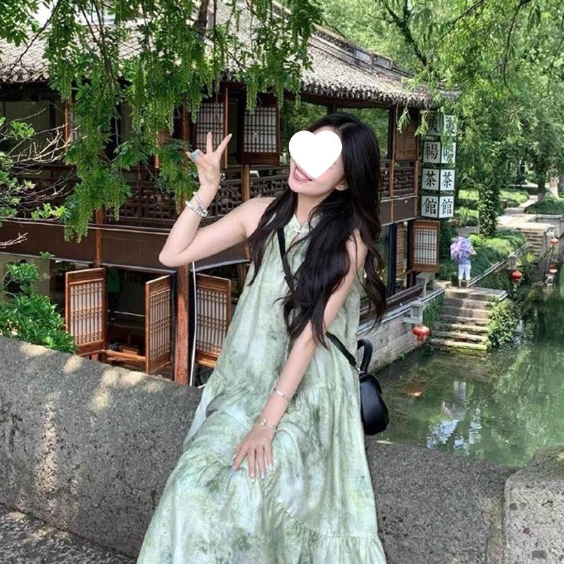 Gentle wear button mint green dress summer national style new holiday floral sleeveless long dress skirt