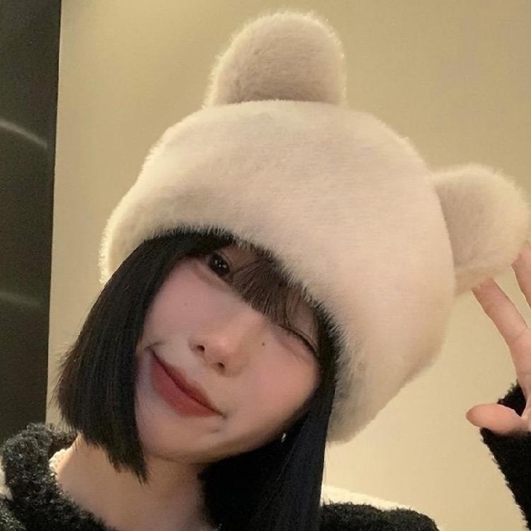 Plush Skull Cap Outdoor Sport Warm Hat Cartoon Bear Ear Beanie Skiing Hiking Cap