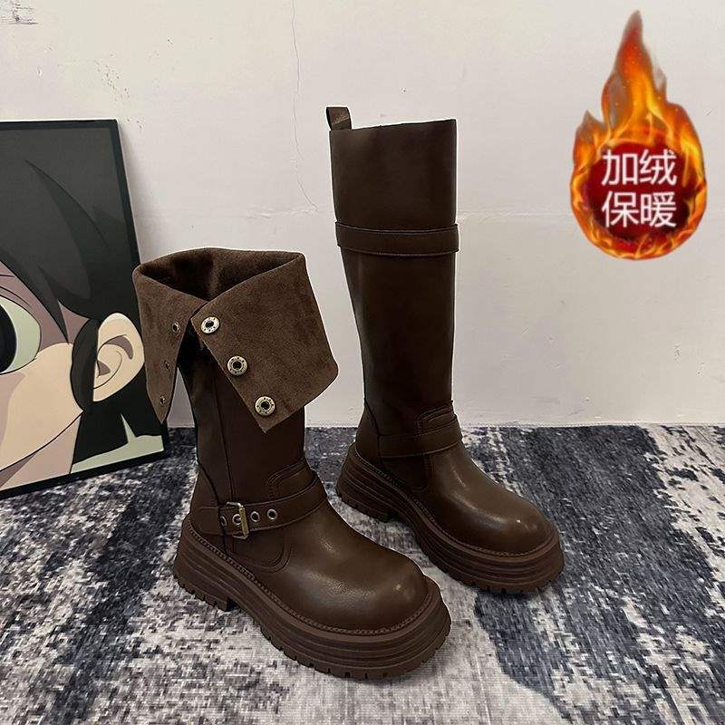 Boots Women's 2025 Autumn and Winter New Two Wear Fold But Knee High Martin Boots British Skinny Motorcycle Boots