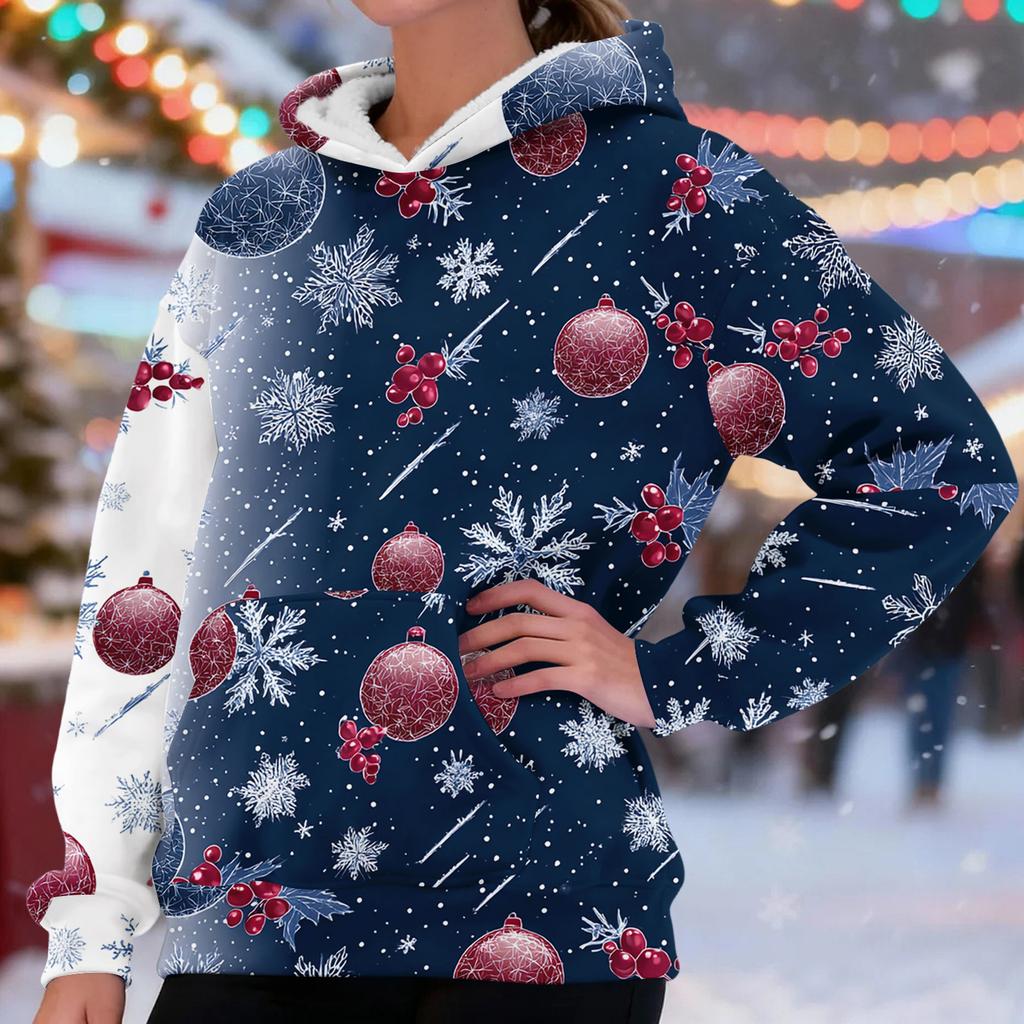 Women's Fashionable Casual Long-Sleeved Christmas Print Fleece-Lined Thick Hooded Sweatshirt