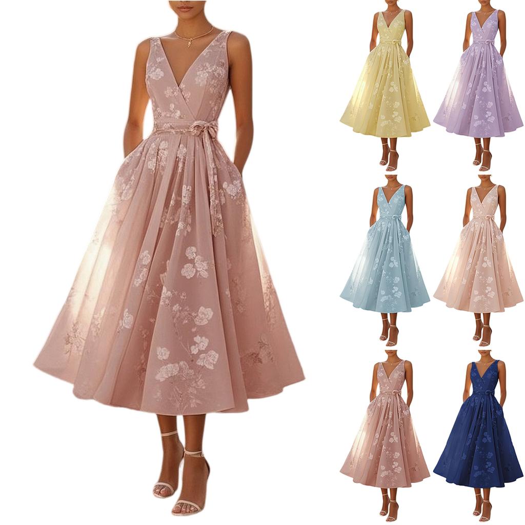 Sleeveless V Neck Floral Print Midi Dress Wrap Waist Tie Elegant Evening Party Dress for Women