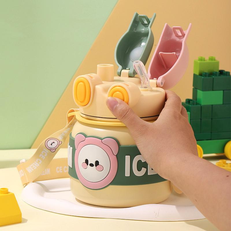 850ML Large Capacity Double Drinking Bottle Portable Children Vacuum Insulation Cup Stainless Steel Straw Thermos Big Belly Cup