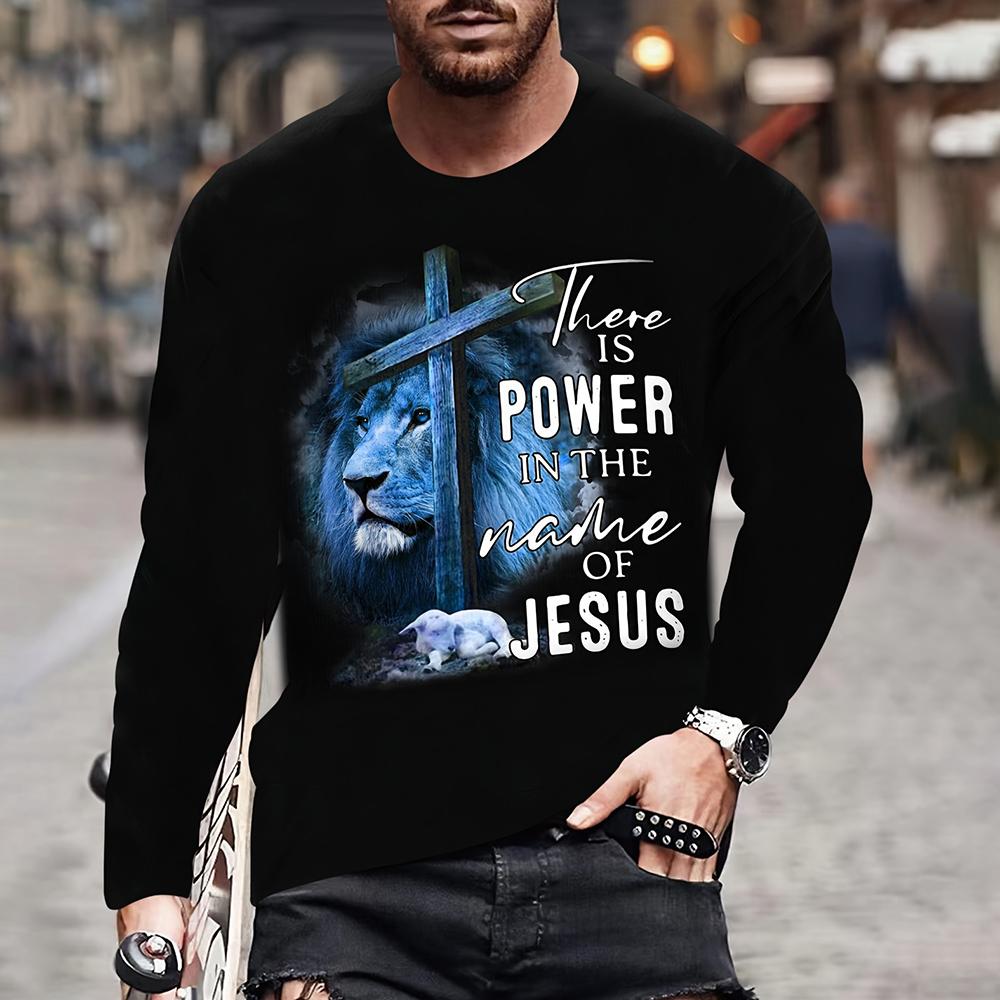 Mens T Shirt Autumn Long Sleeve Top Lion Pattern Clothing Casual O Neck Oversized Cross Print Pullover Autumn Mens T Shirt
