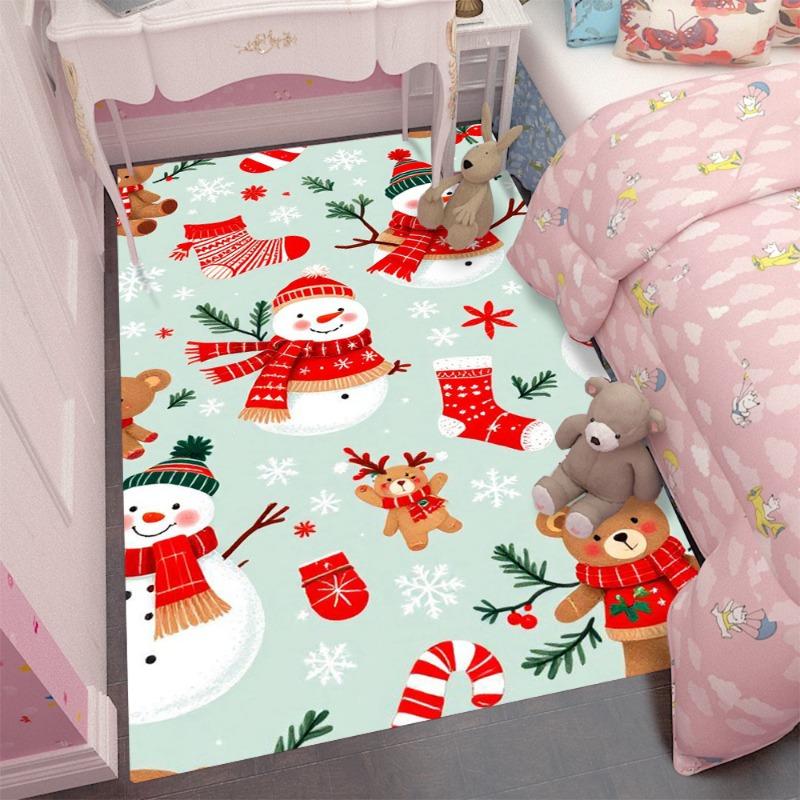 Christmas Snowman Carpet Teddy Bear Stockings Candy Cane Snowflakes Non-slip Rug Mat Living Room Bedroom Home Decoration