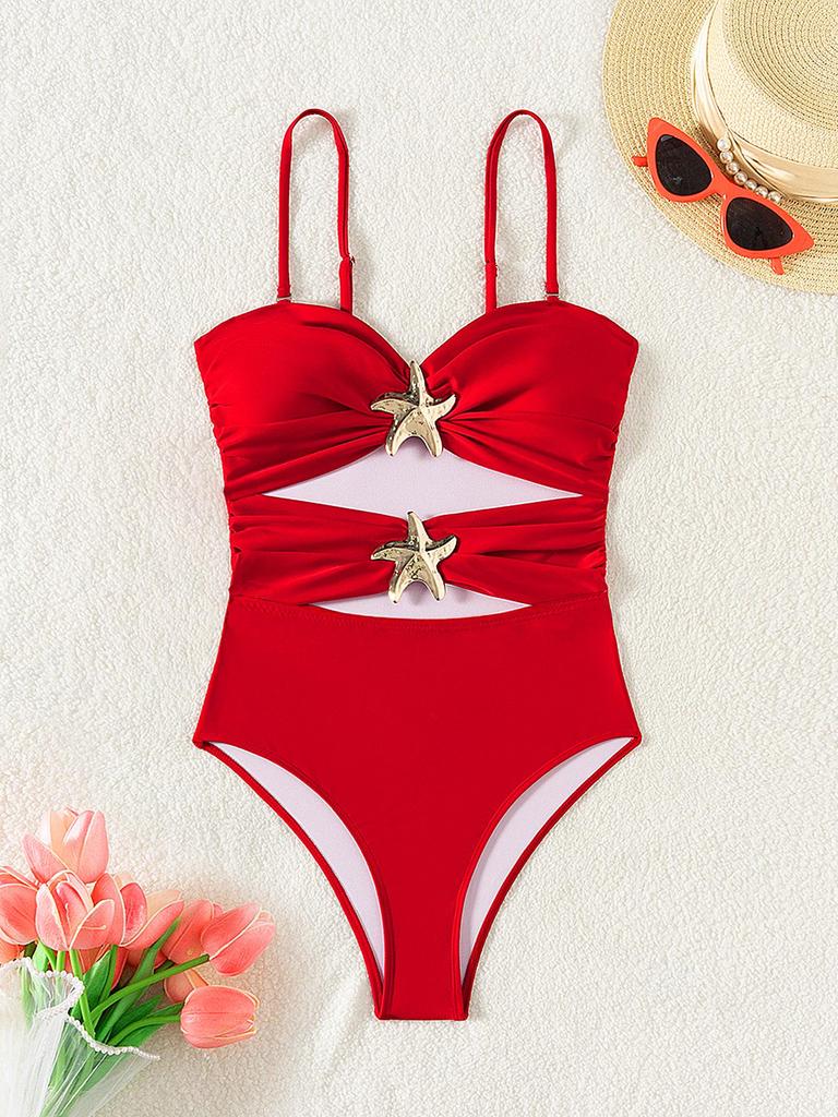 2025 European & American Solid Color Spaghetti Strap One-Piece Bikini for Women