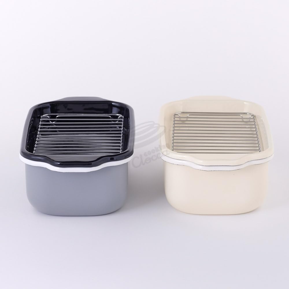 Fuji Enamel Square Tempura Pot, IH Compatible, Simple Set with Frying Net and Tray, C-20TPN.LG, Light Gray, 20cm, No Thermometer