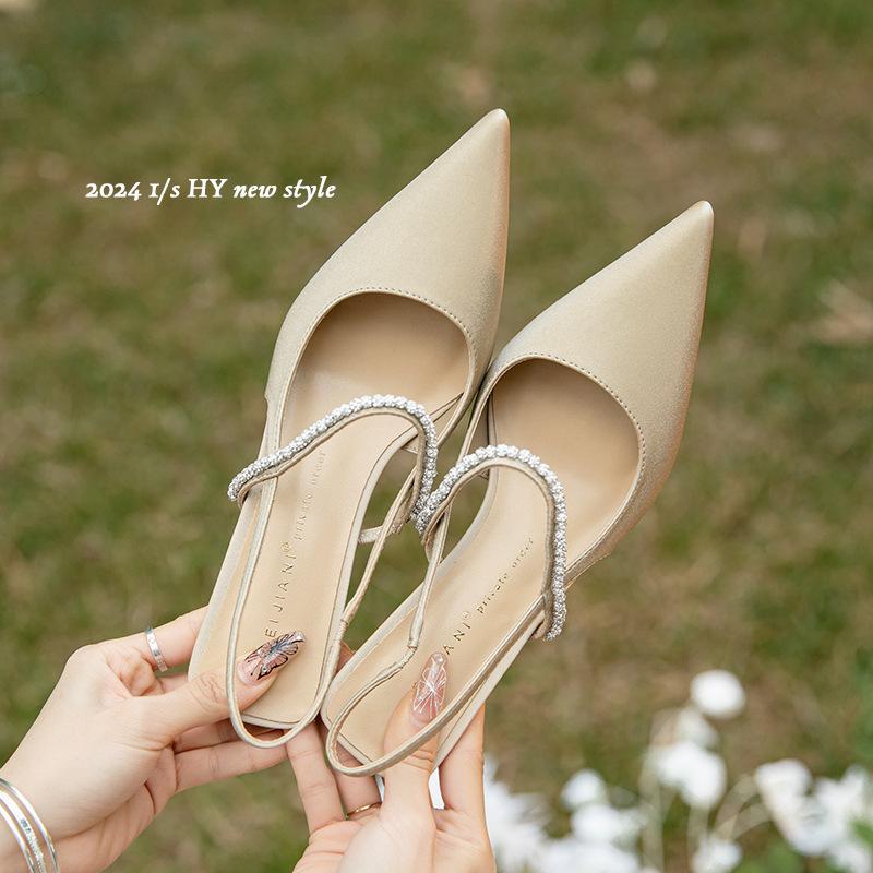 

Pointed thin heel high heel single shoes bridesmaid shoes with rhinestone temperament bag head sandals 39 абрикосовый