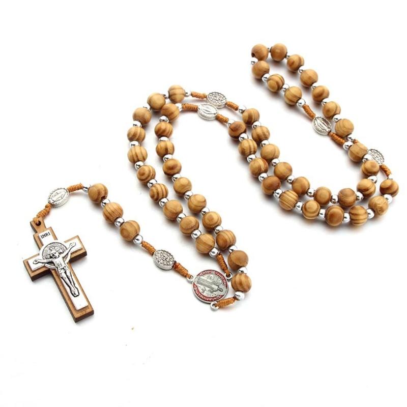 Handmade Wood Rosary Necklaces Men Women Necklaces Catholic Cross Pendant Meditation Jewelry Christian Religious Gift