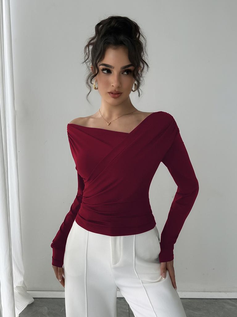 Women's Asymmetric Cross Neck Long Sleeve Top with Chest Pleats
