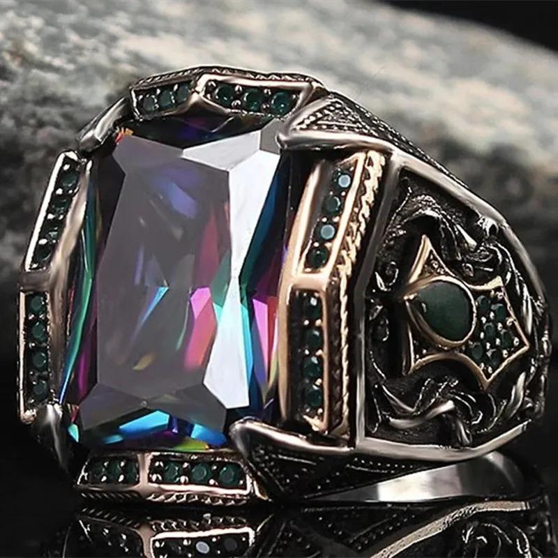 Anelli Uomo Fatti a Mano Turchi Retrò con Intaglio Vintage Zirconi Rossi/Blu/Arcobaleno Anelli Rock Punk Gioielli da Matrimonio Islamici Musulmani