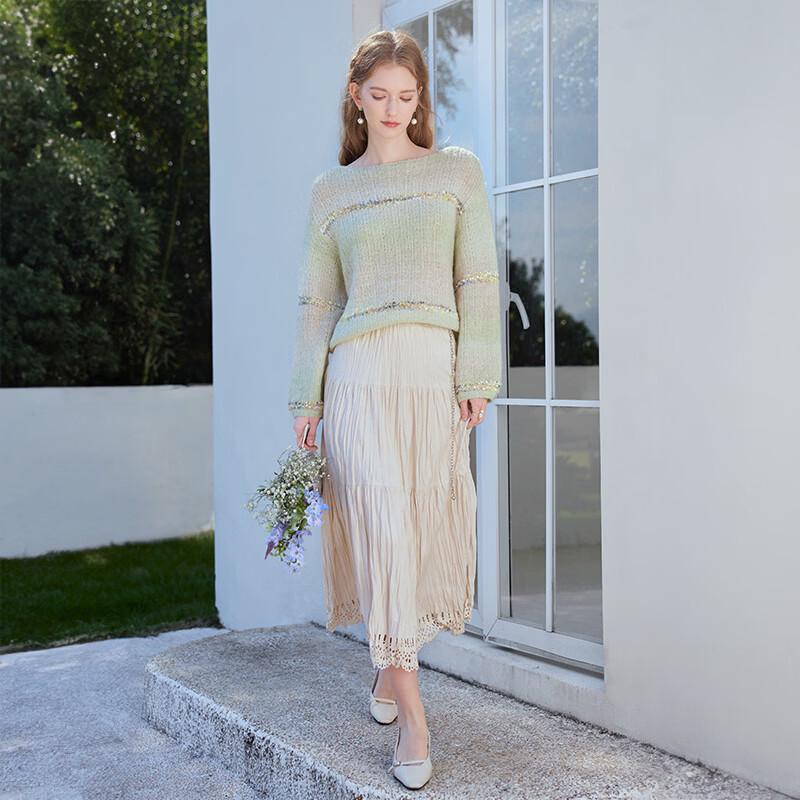 Women's Gradient Green Wool Blend Off-Shoulder Knit Sweater