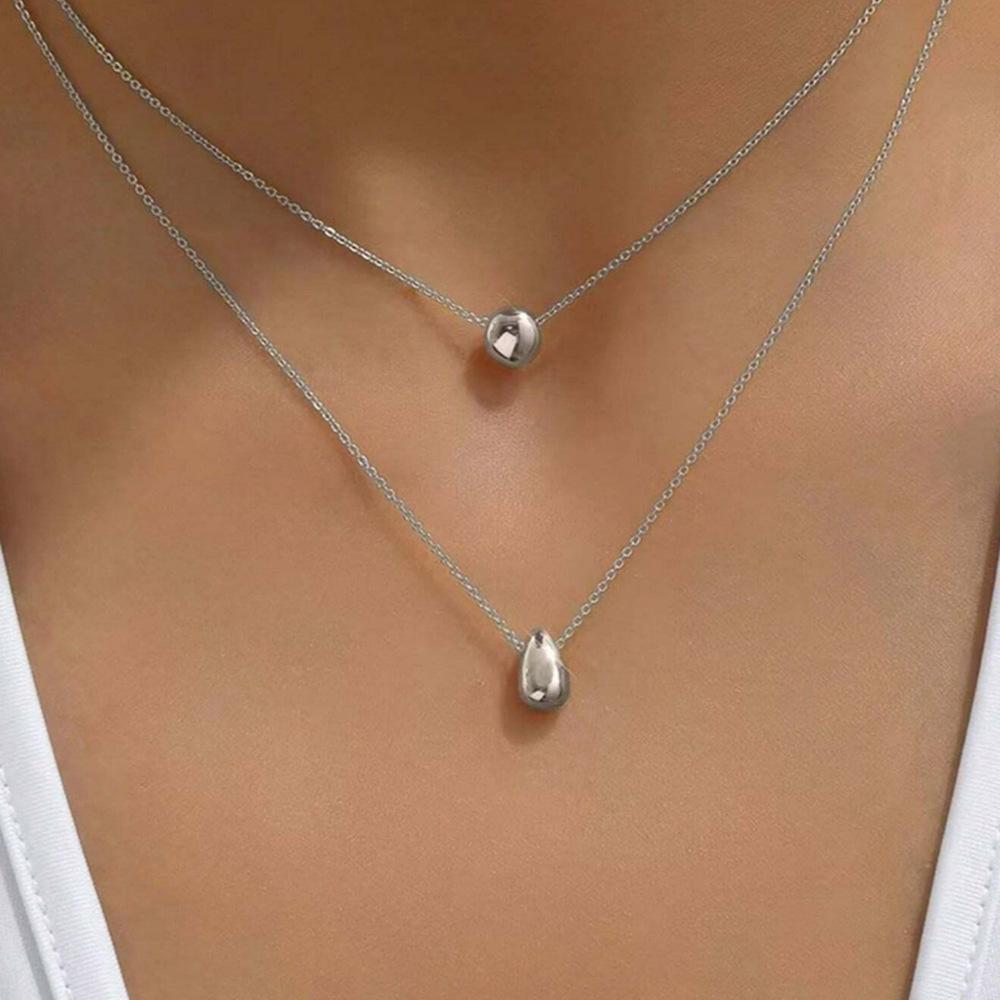 

Simple Fashion Waterdrop Pendant Necklace Double Layered with Round Ball Charms Clavicle Choker Jewelry Collier Minimalist Gifts