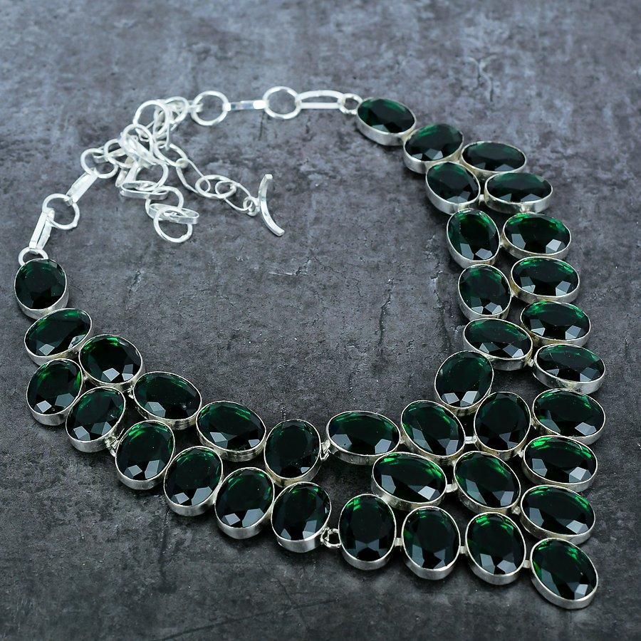 Natürlicher Chromdiopsid-Edelstein, 925er Sterlingsilber, Halskette, 45,7 cm, f7a96