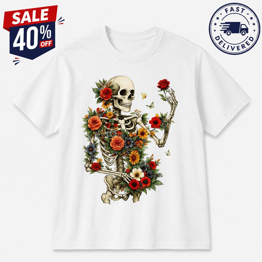 Gothic Skeleton Flower Shirt, Dark Botanical Skull Graphic Tee