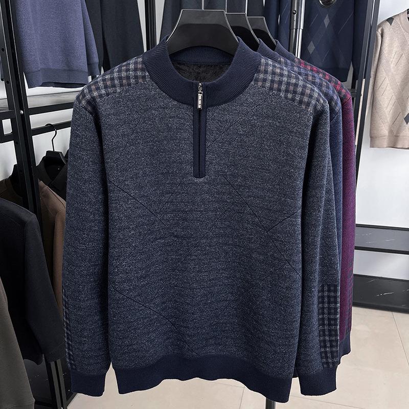 Men's Red Year of the Rat Warm Knit Sweater, Half-High Collar, Dad Style, Winter Wear for Middle-Aged & Elderly.