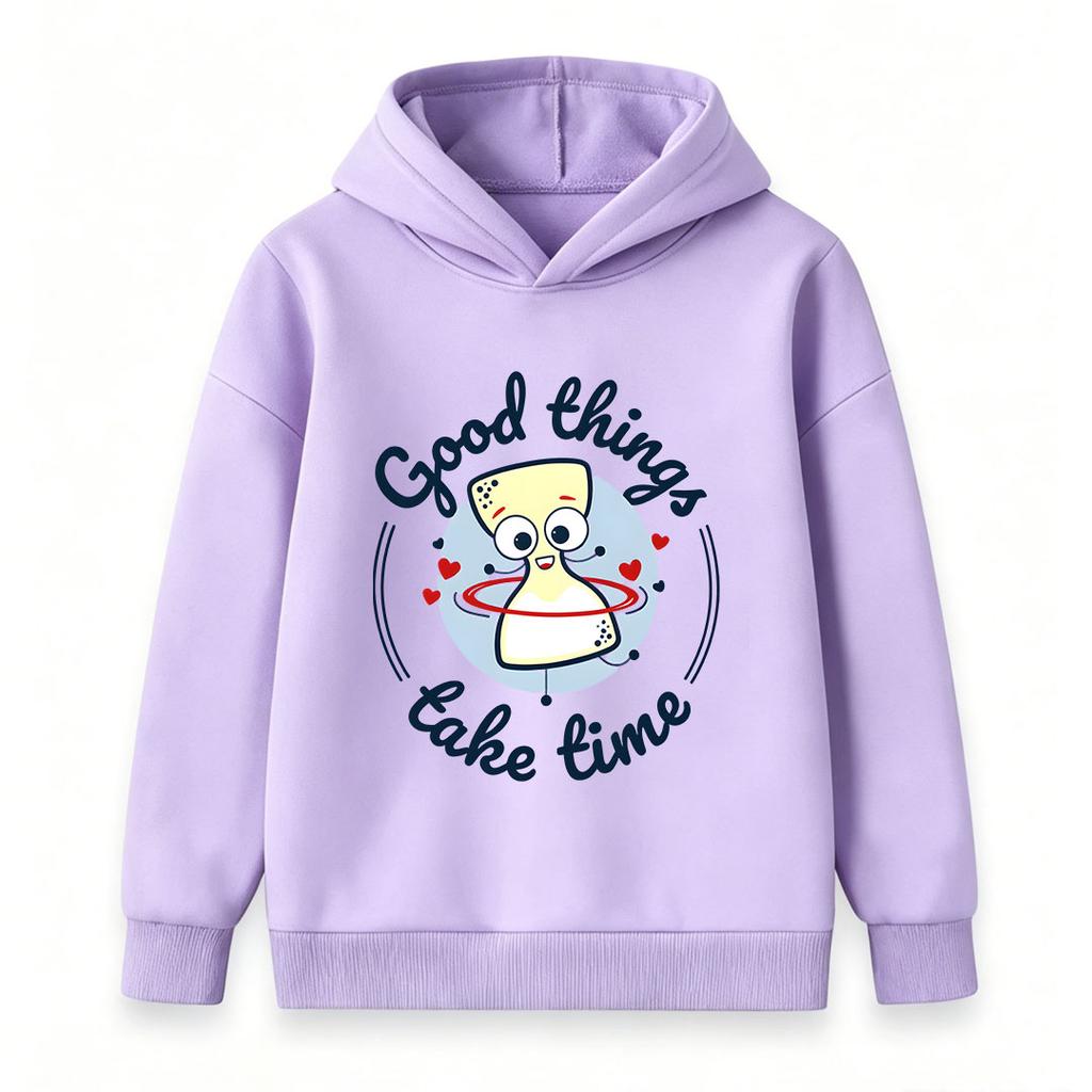Kids Boys Girls Cute Screw Cartoon Graphic Hoodie, Good Things Take Time Print Casual Long Sleeve Pullover Sweatshirt for Children Daily Wear
