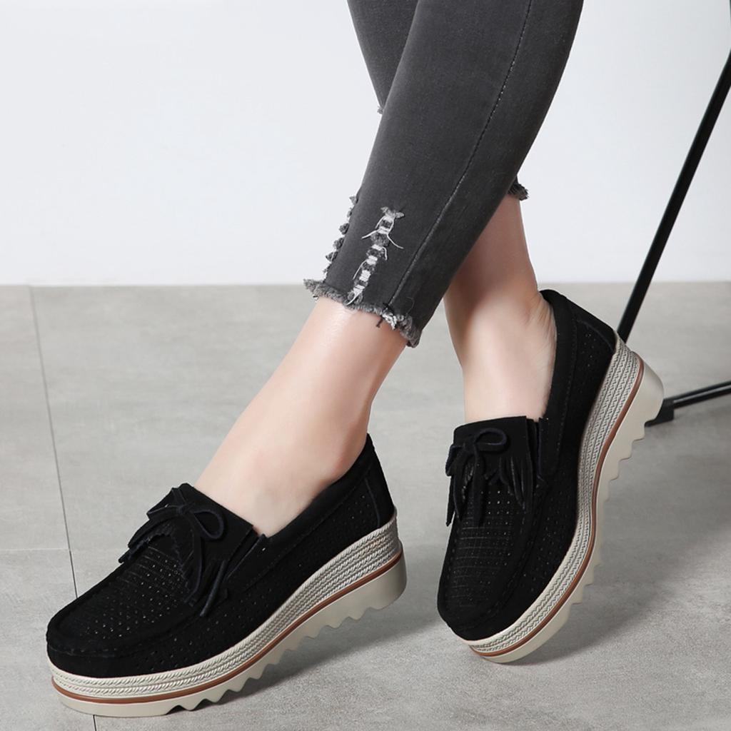 Cow Suede Women's Walking Shoes Fashion Platform Shoes Loafers Height-increased Moccasins Slip-on Mother Shoes