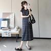 New Summer Ice Silk Maternity Dress with Short Sleeve Polo Collar and Slimming Color Block Stripes