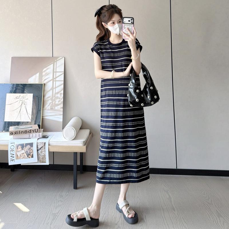 New Summer Ice Silk Maternity Dress with Short Sleeve Polo Collar and Slimming Color Block Stripes