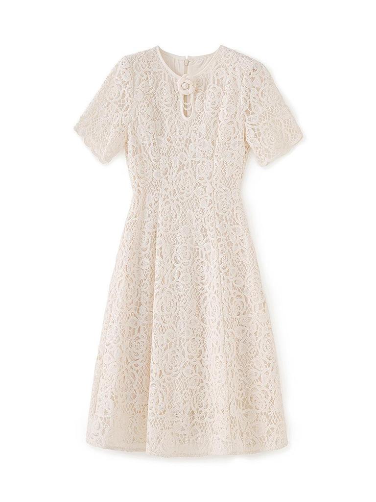 French Sequin Embroidered Lace Dress, Round Neck, Elegant Waist-Gathering, Summer Style for Women.